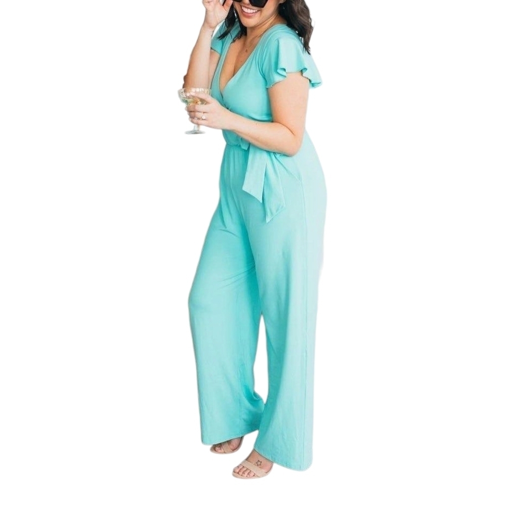 Smash + Tess Blue Jumpsuit with Wrap V-Neck and Wide-Leg Design Sz XS